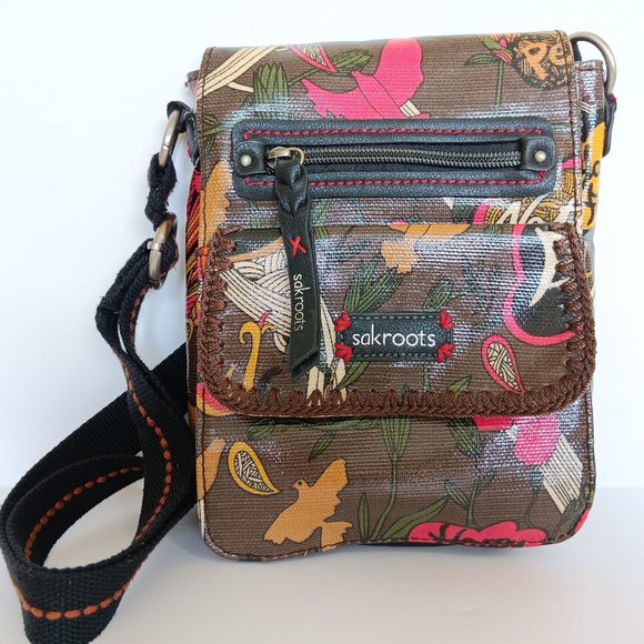 Sakroots Brown Peace Print Coated Canvas Small Flap Messenger Bag 8"x7"x1" - Picture 1 of 16